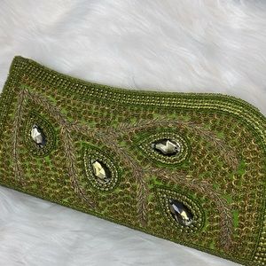 Indian handmade boho style green beaded clutch bag